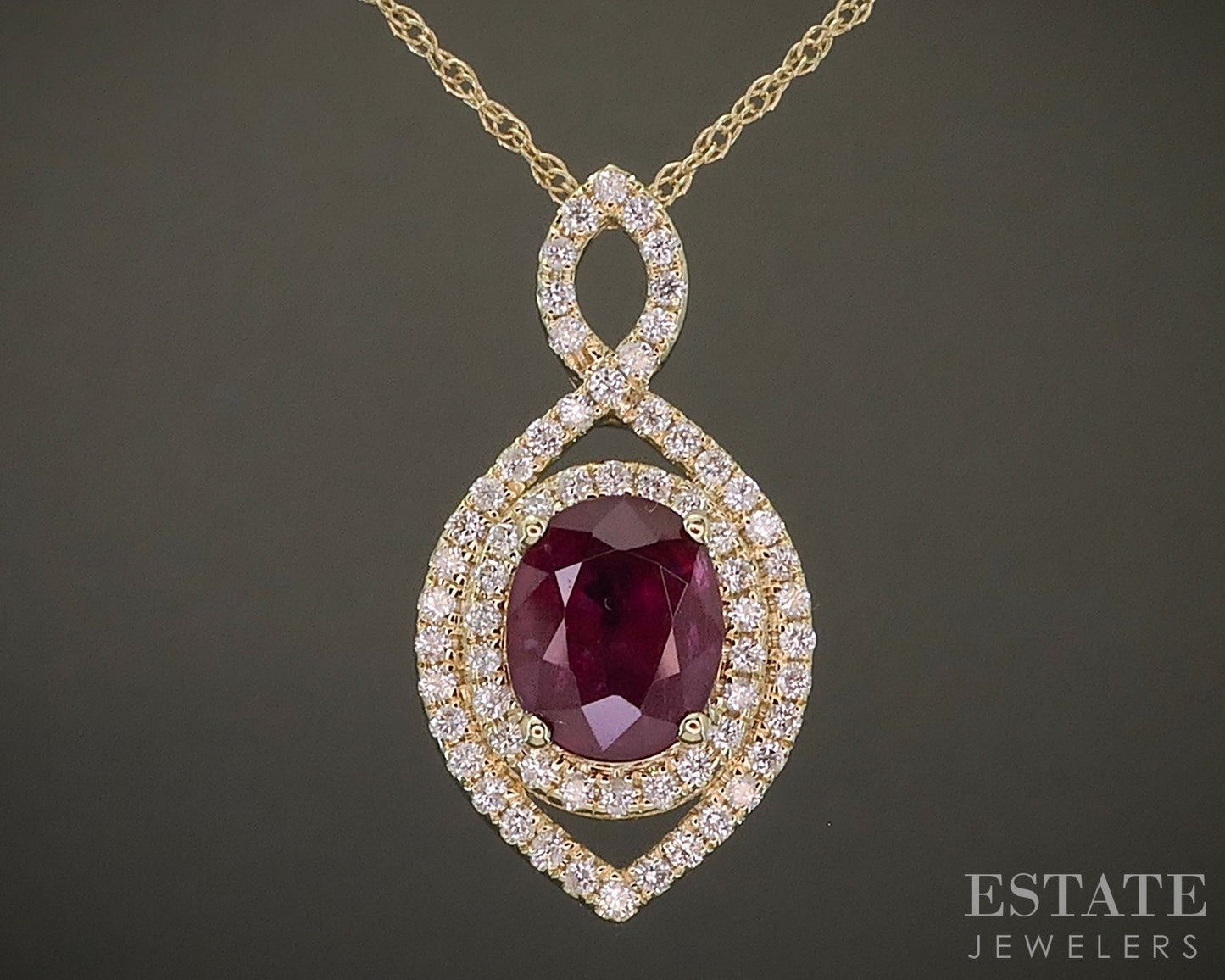 14k Yellow Gold Oval 1.75ct Ruby & Diamond Halo Necklace 4.4g 19"L p24447