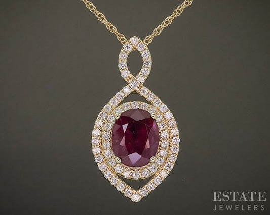 14k Yellow Gold Oval 1.75ct Ruby & Diamond Halo Necklace 4.4g 19"L p24447