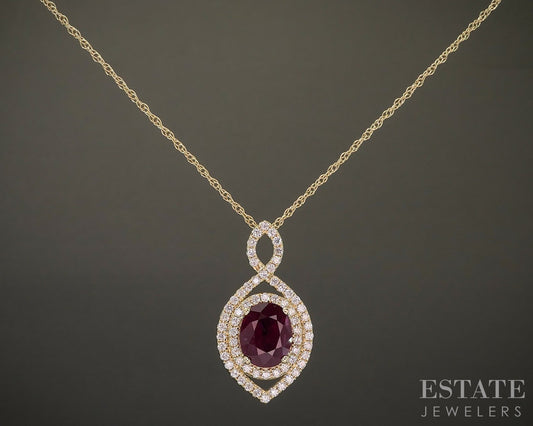 14k Yellow Gold Oval 1.75ct Ruby & Diamond Halo Necklace 4.4g 19"L p24447