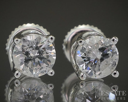 14k White Gold Round Natural 1ctw Diamond Hidden Halo Stud Earrings 1.6g p24512