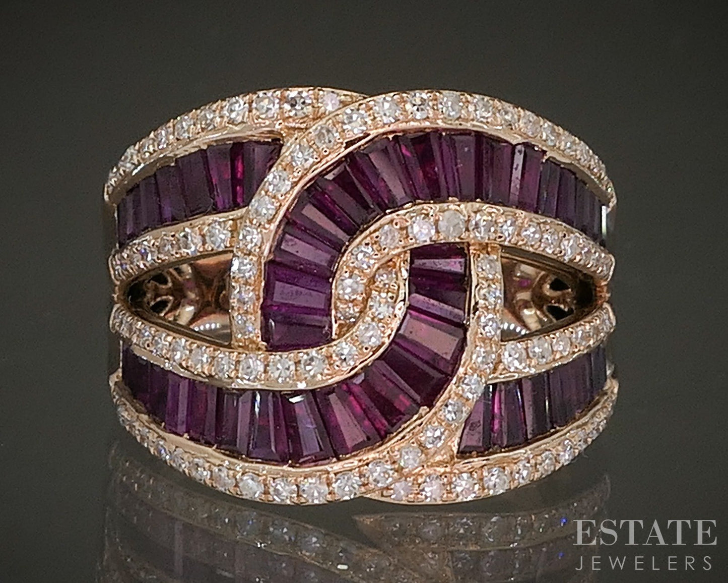 14k Rose Gold EFFY Natural Ruby & Diamond Ladies Swirl Band Ring 8.4g p24442