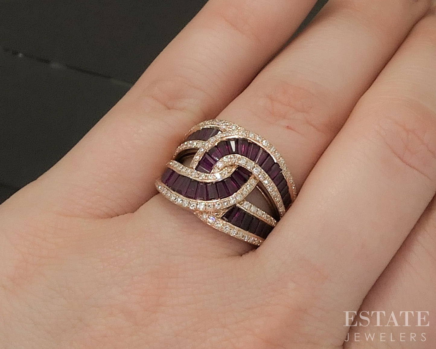 14k Rose Gold EFFY Natural Ruby & Diamond Ladies Swirl Band Ring 8.4g p24442