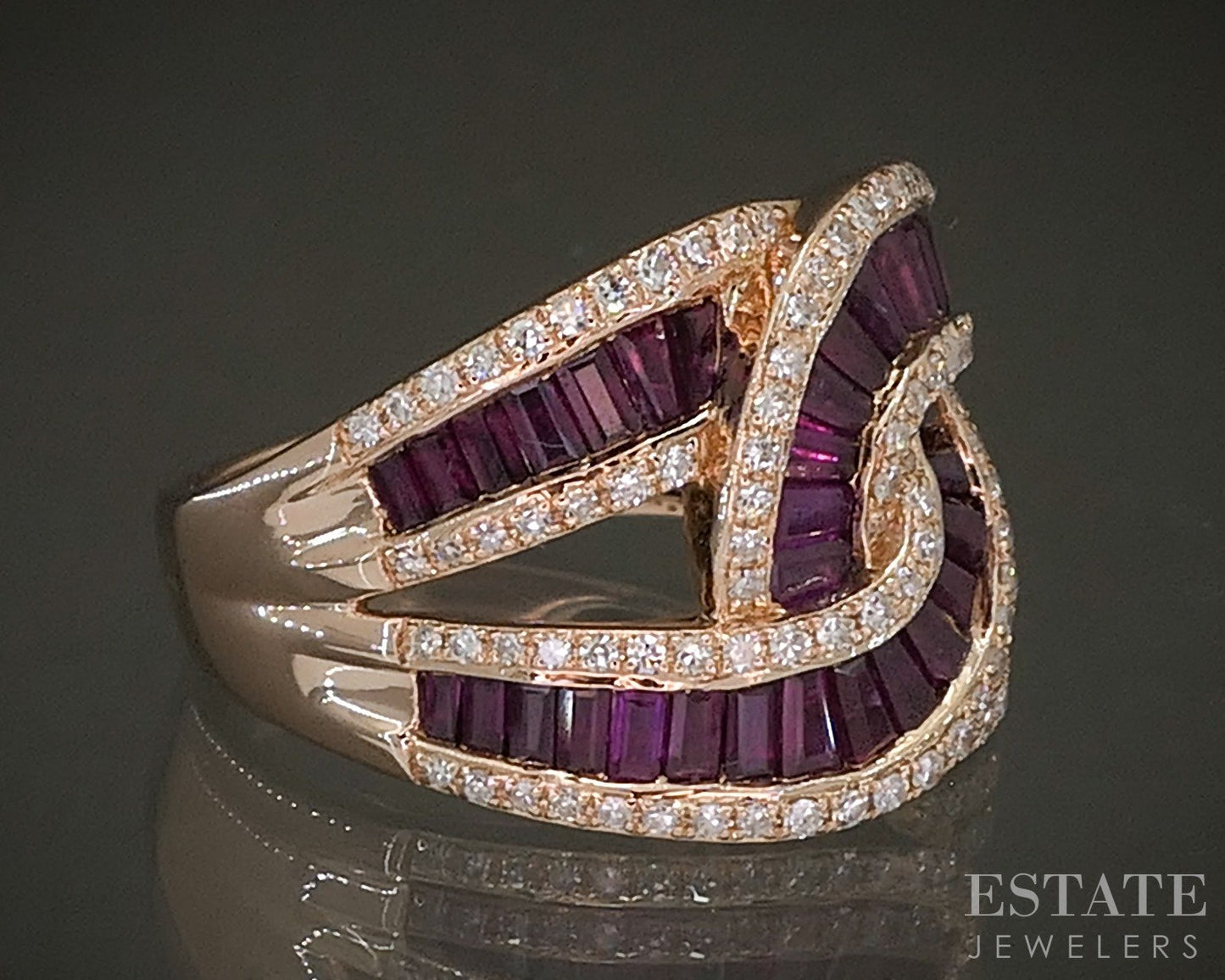 14k Rose Gold EFFY Natural Ruby & Diamond Ladies Swirl Band Ring 8.4g p24442