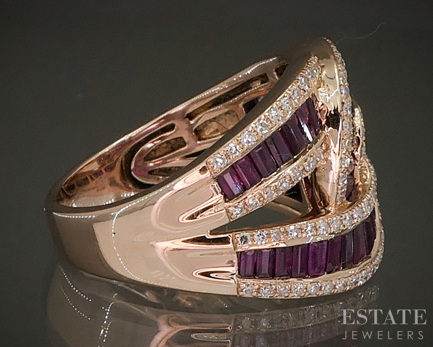14k Rose Gold EFFY Natural Ruby & Diamond Ladies Swirl Band Ring 8.4g p24442