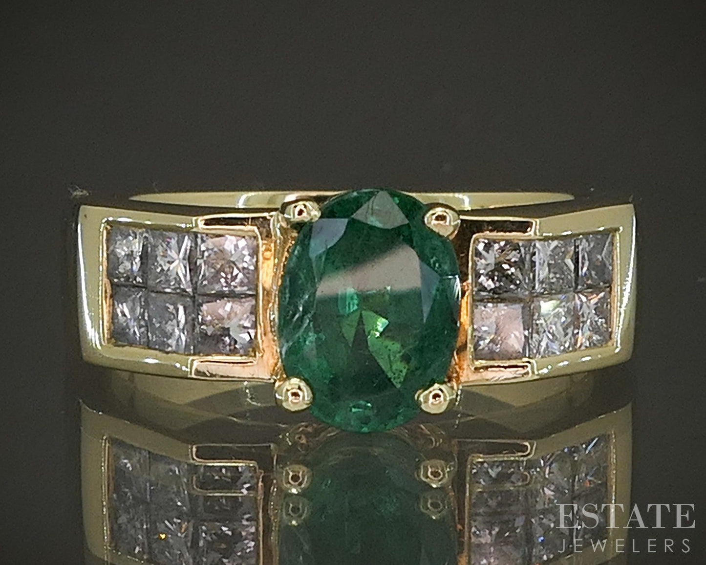 18k Yellow Gold Oval Natural .80ct Emerald & Diamond Ladies Ring 7.8g p23934