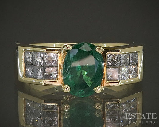 18k Yellow Gold Oval Natural .80ct Emerald & Diamond Ladies Ring 7.8g p23934