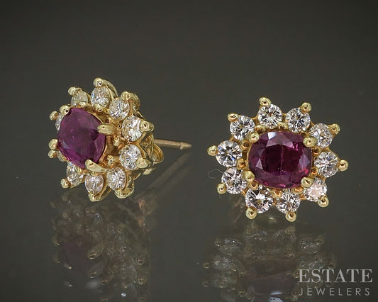 18k Yellow Gold Natural Ruby & Diamond Halo Stud Earrings 3.4g p24435