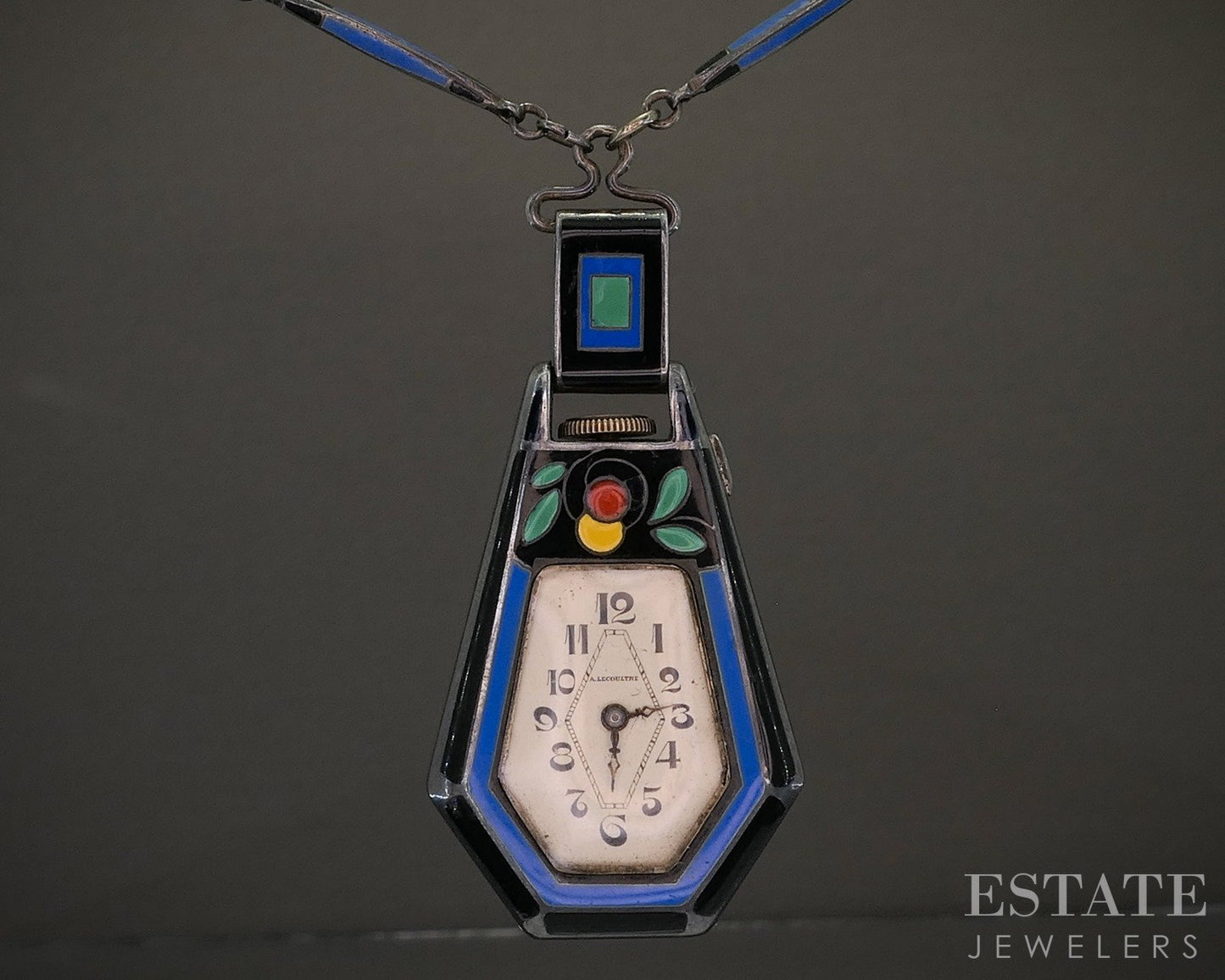 Antique Art Deco Sterling LeCoultre Blancpain Enameled Watch Necklace p26841
