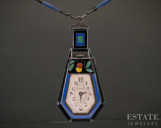 Antique Art Deco Sterling LeCoultre Blancpain Enameled Watch Necklace p26841