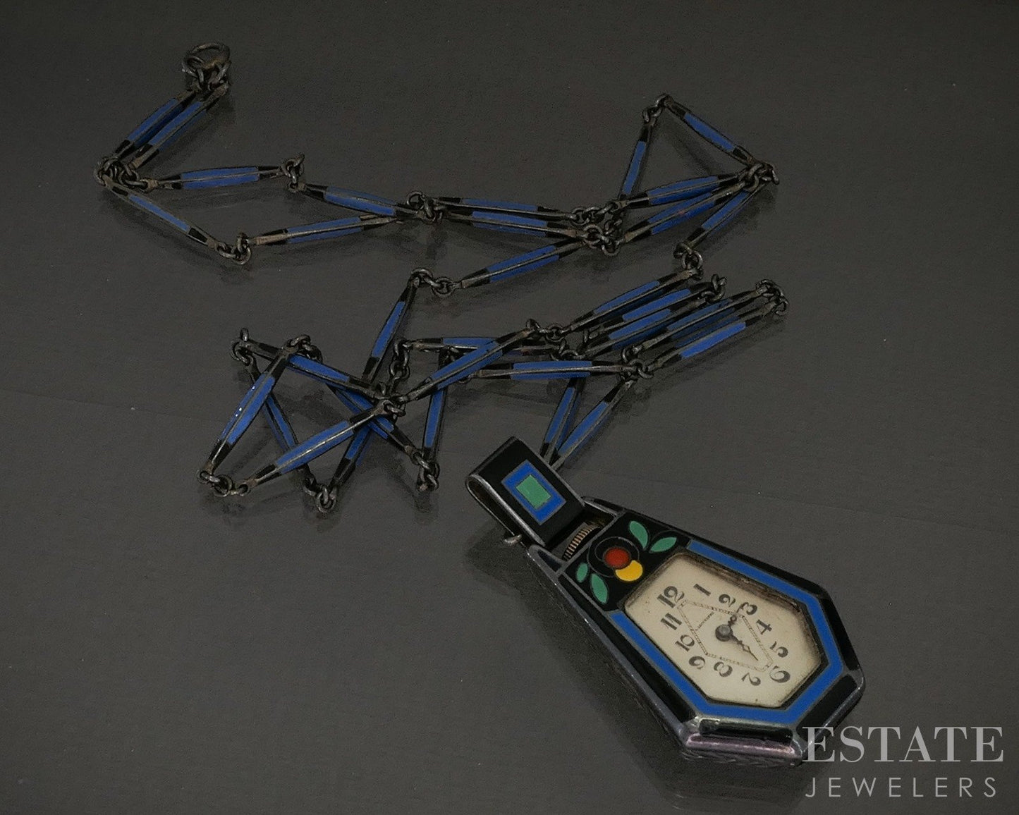 Antique Art Deco Sterling LeCoultre Blancpain Enameled Watch Necklace p26841