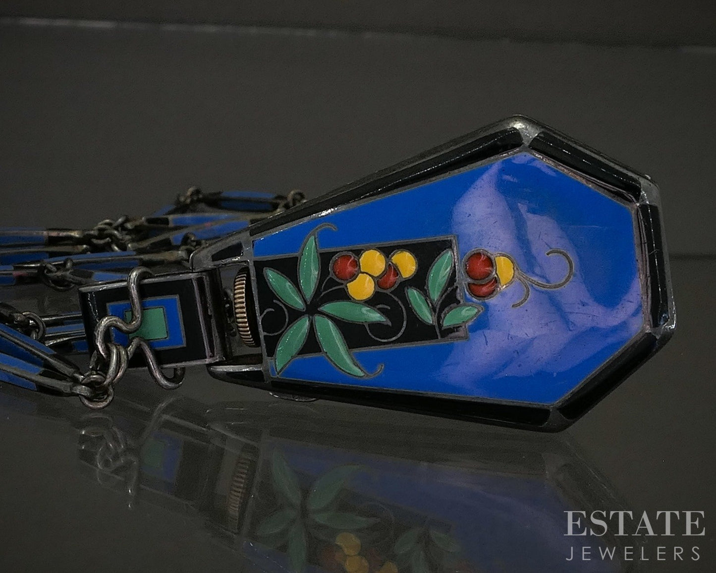 Antique Art Deco Sterling LeCoultre Blancpain Enameled Watch Necklace p26841