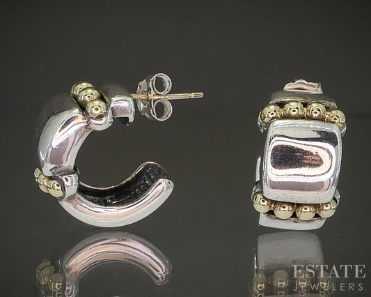 18k & Sterling Lagos Caviar Beaded Hoop Ladies Earrings 13g p25561