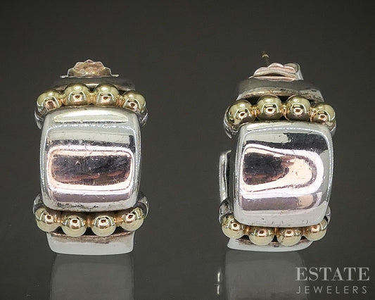 18k & Sterling Lagos Caviar Beaded Hoop Ladies Earrings 13g p25561
