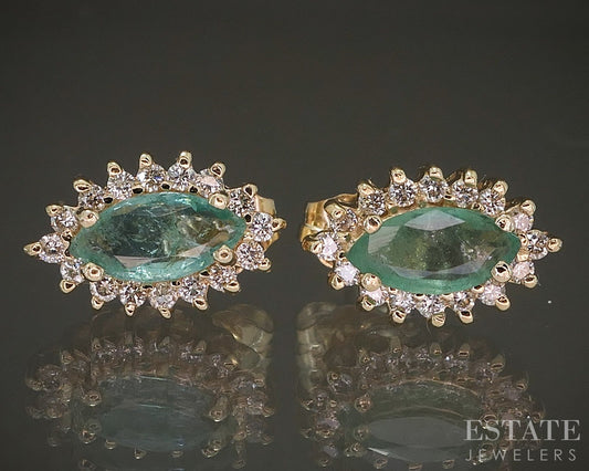 14k Yellow Gold Marquise Natural Emerald & Diamond Stud Earrings 2.8g p24068