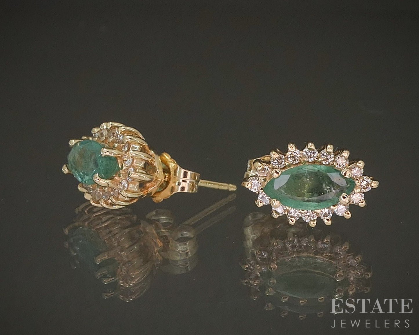 14k Yellow Gold Marquise Natural Emerald & Diamond Stud Earrings 2.8g p24068