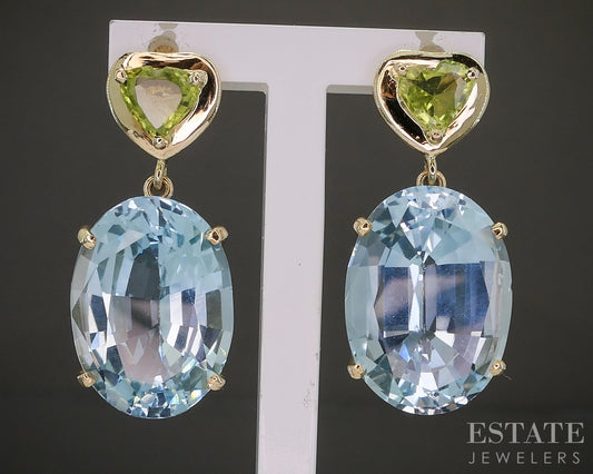 14k Yellow Gold Oval Natural Blue Topaz & Peridot Dangle Earrings 11.1g p26713