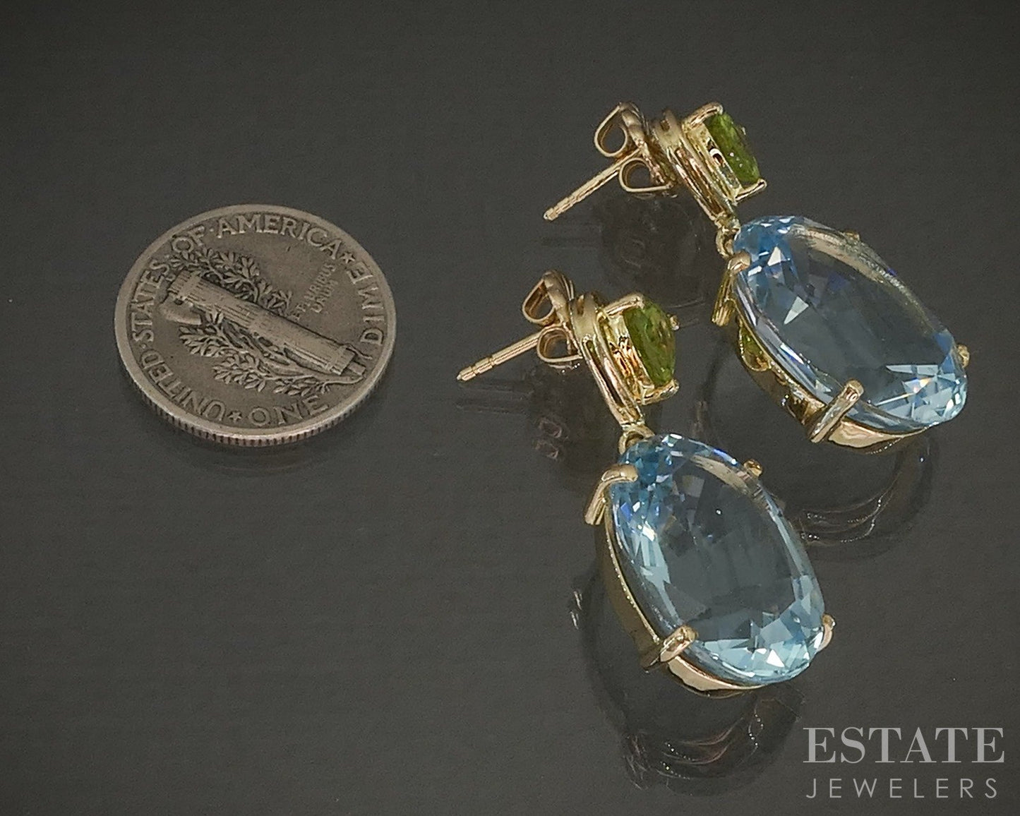14k Yellow Gold Oval Natural Blue Topaz & Peridot Dangle Earrings 11.1g p26713