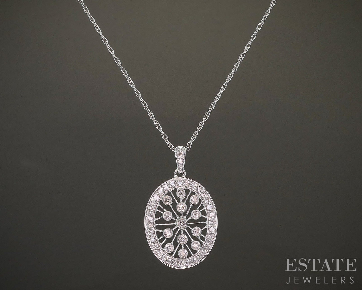 14k White Gold Natural .16ctw Diamond Oval Ladies Necklace 2.8g 18"L p26731