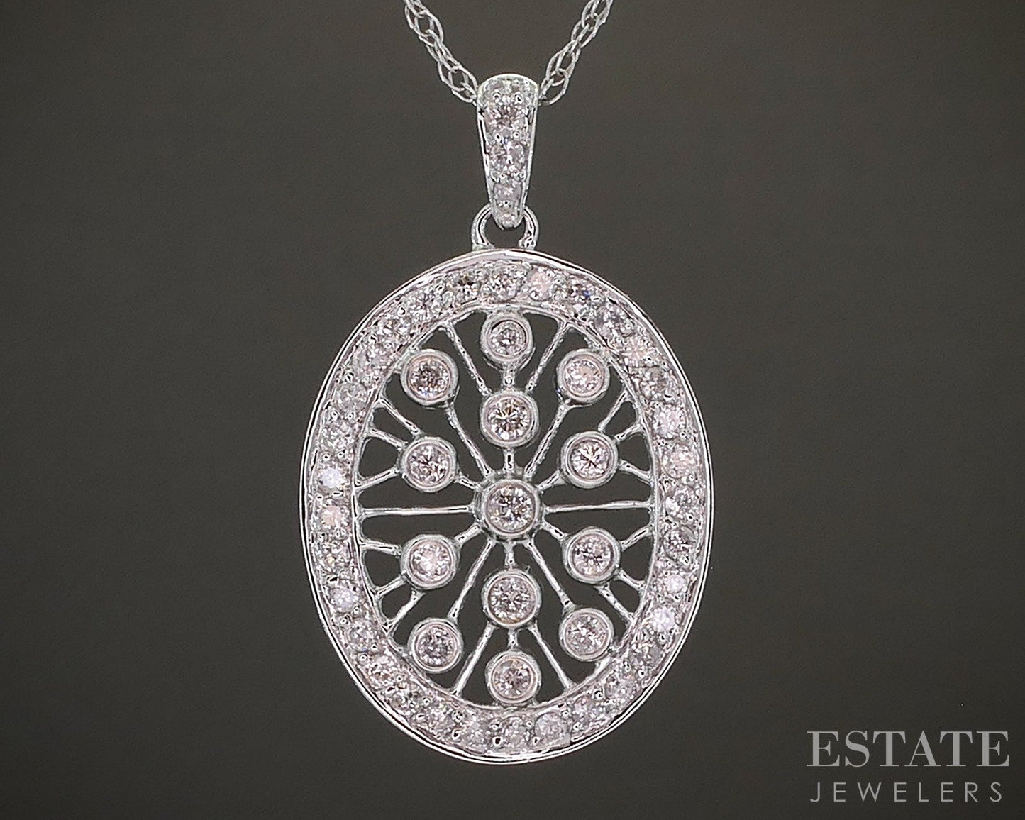 14k White Gold Natural .16ctw Diamond Oval Ladies Necklace 2.8g 18"L p26731