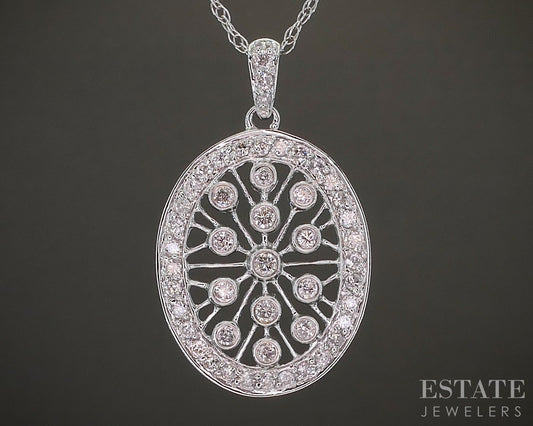 14k White Gold Natural .16ctw Diamond Oval Ladies Necklace 2.8g 18"L p26731