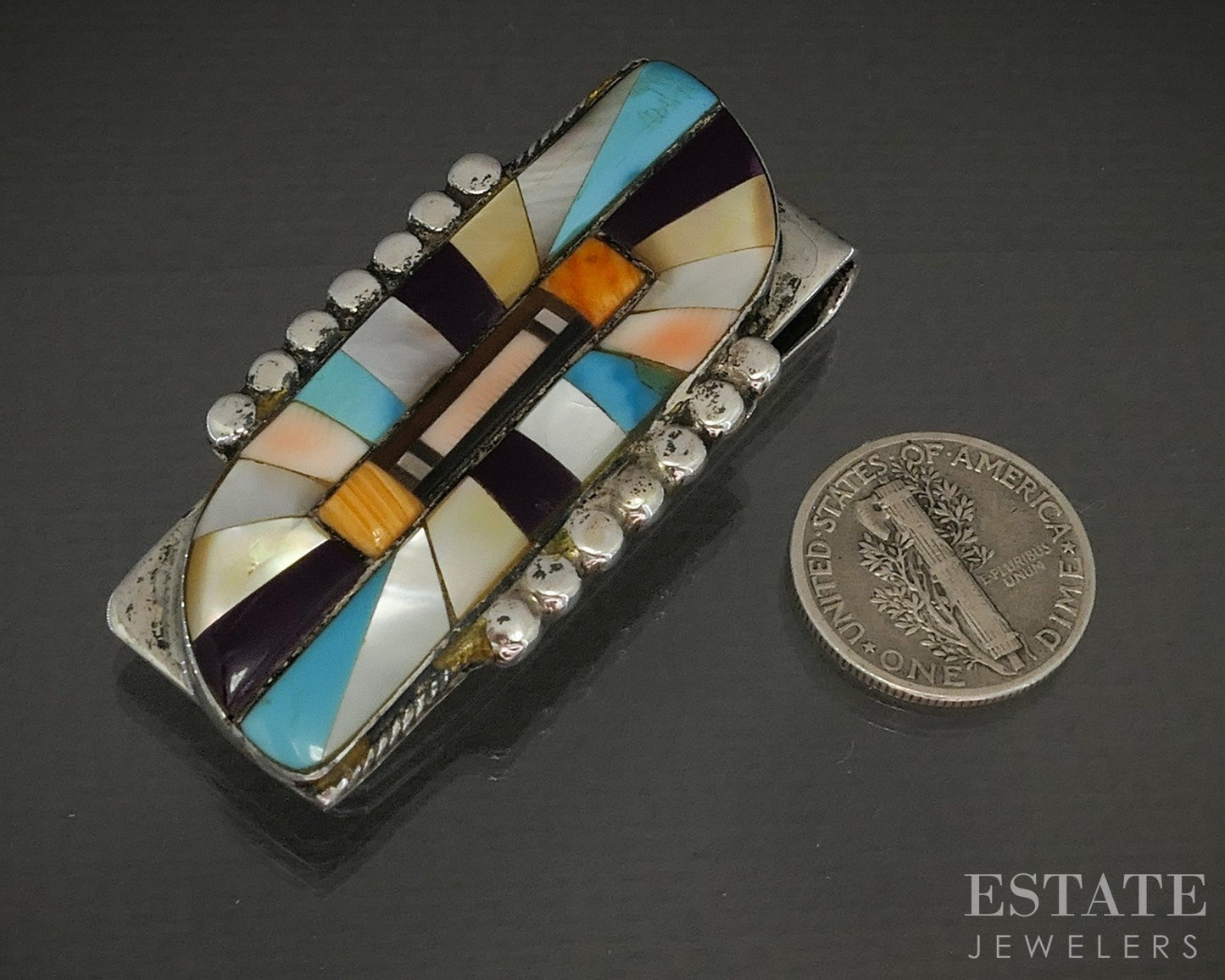 Vintage Sterling Silver Multi Gem Navajo Mens Money Clip 21.8g p23653b