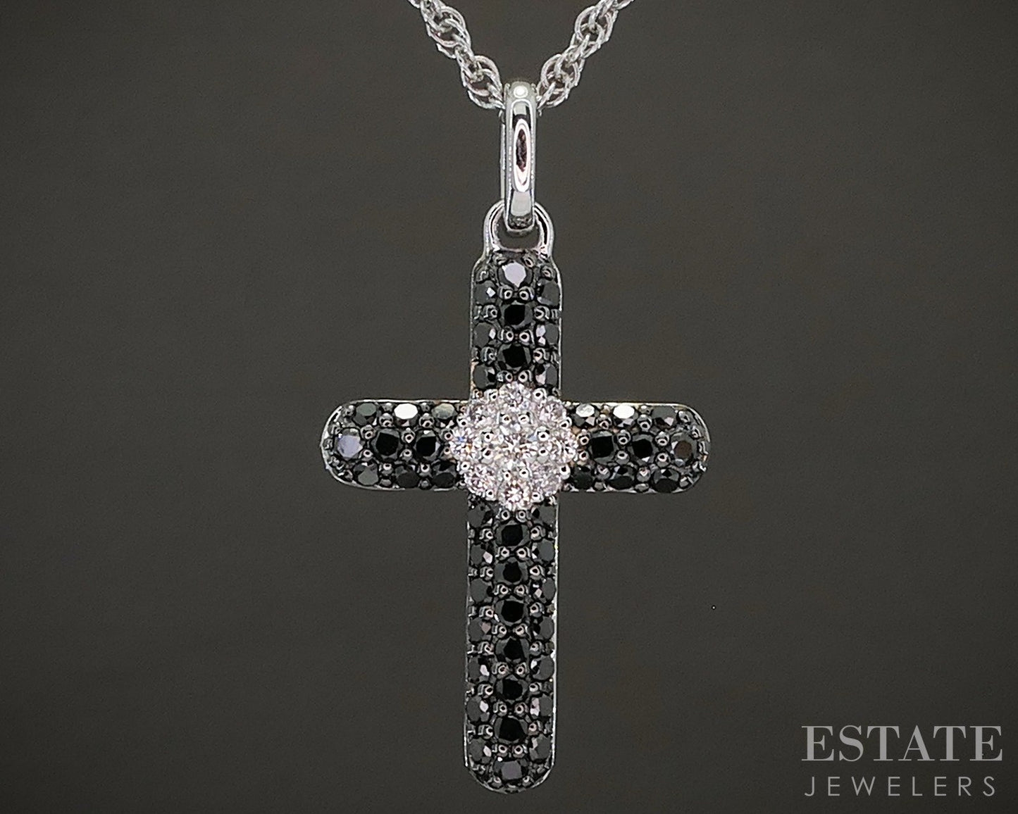14k White Gold Natural Black & White Diamond Cross Necklace 3.6g 18"L p23929b