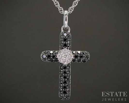 14k White Gold Natural Black & White Diamond Cross Necklace 3.6g 18"L p23929b
