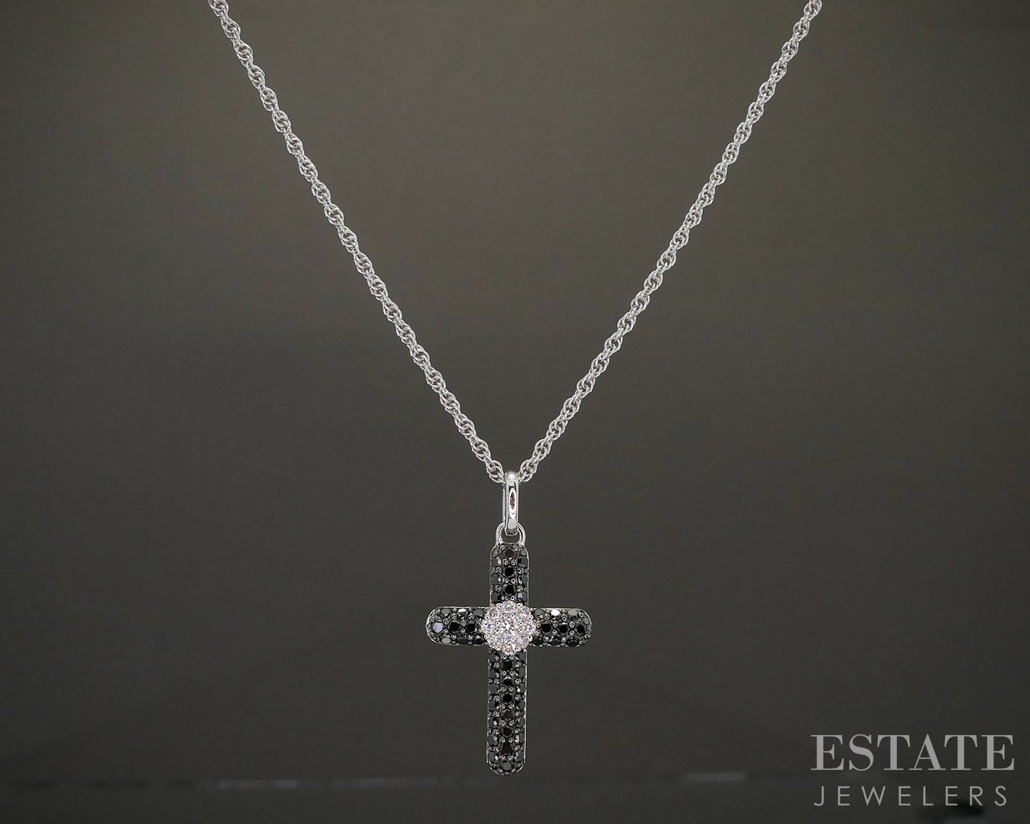 14k White Gold Natural Black & White Diamond Cross Necklace 3.6g 18"L p23929b