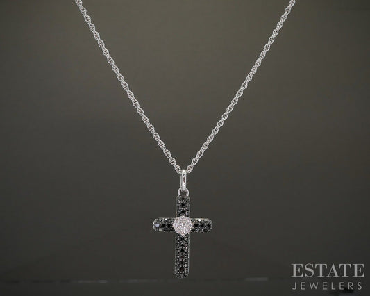 14k White Gold Natural Black & White Diamond Cross Necklace 3.6g 18"L p23929b