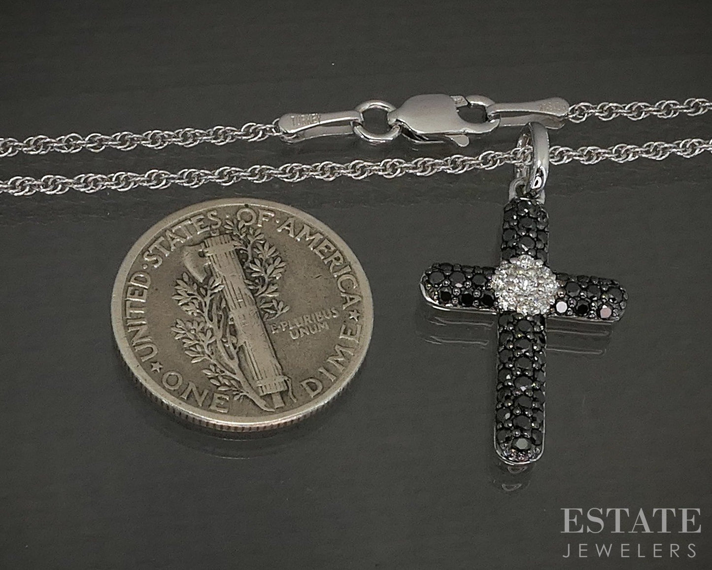 14k White Gold Natural Black & White Diamond Cross Necklace 3.6g 18"L p23929b