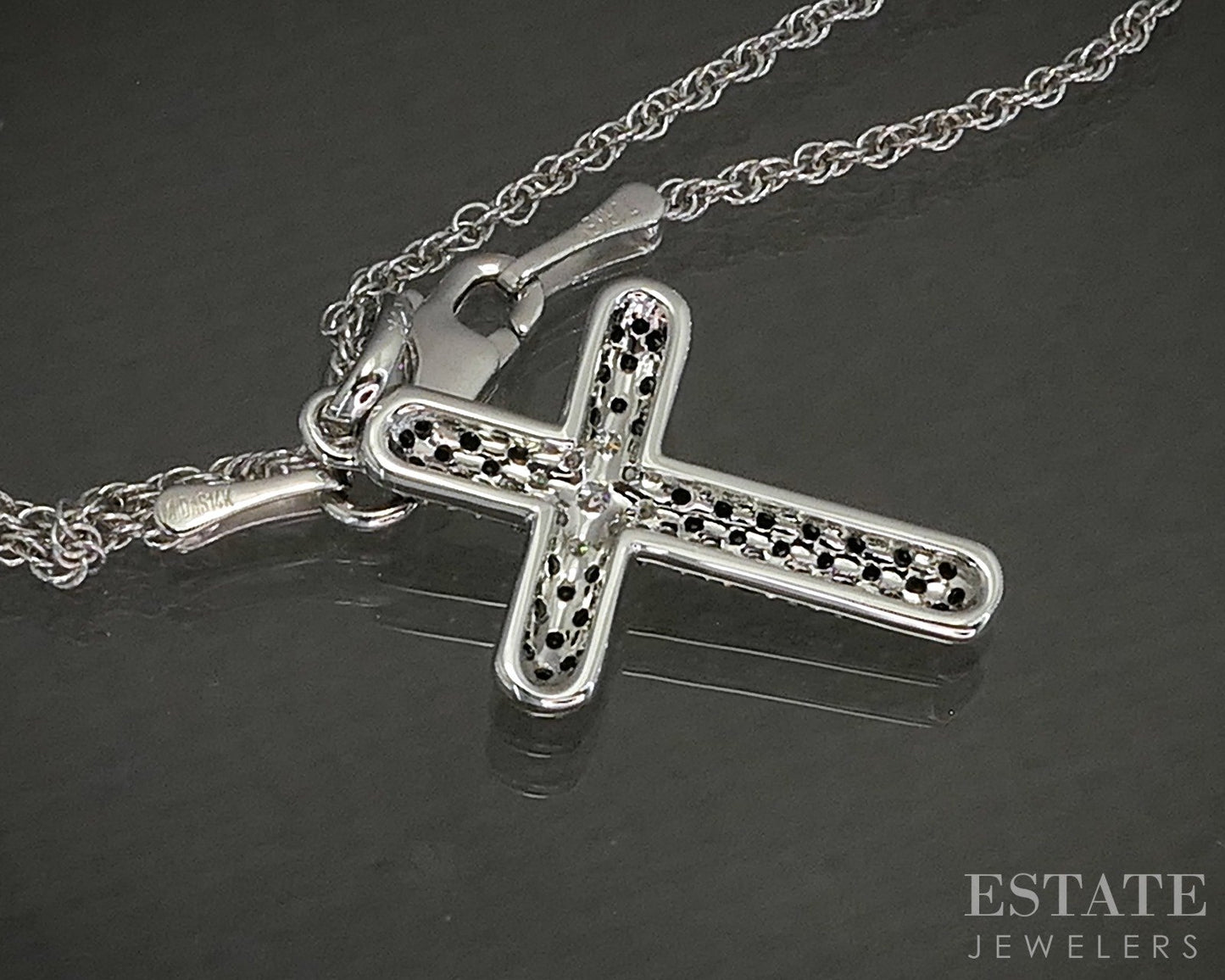 14k White Gold Natural Black & White Diamond Cross Necklace 3.6g 18"L p23929b