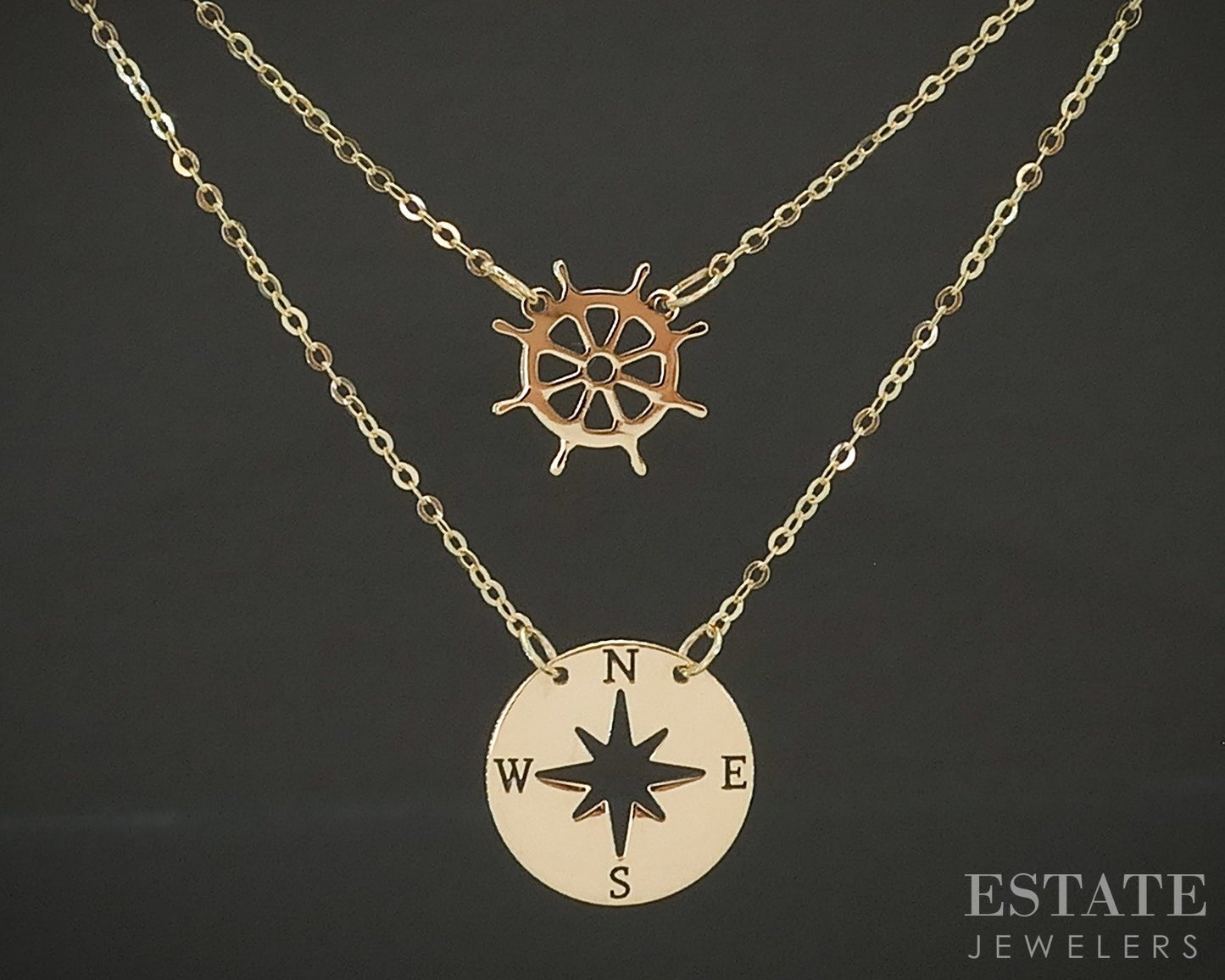 10k Yellow Gold Compass Ships Wheel Layered Ladies Necklace 1.2g 20"L p23939b