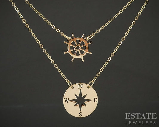 10k Yellow Gold Compass Ships Wheel Layered Ladies Necklace 1.2g 20"L p23939b