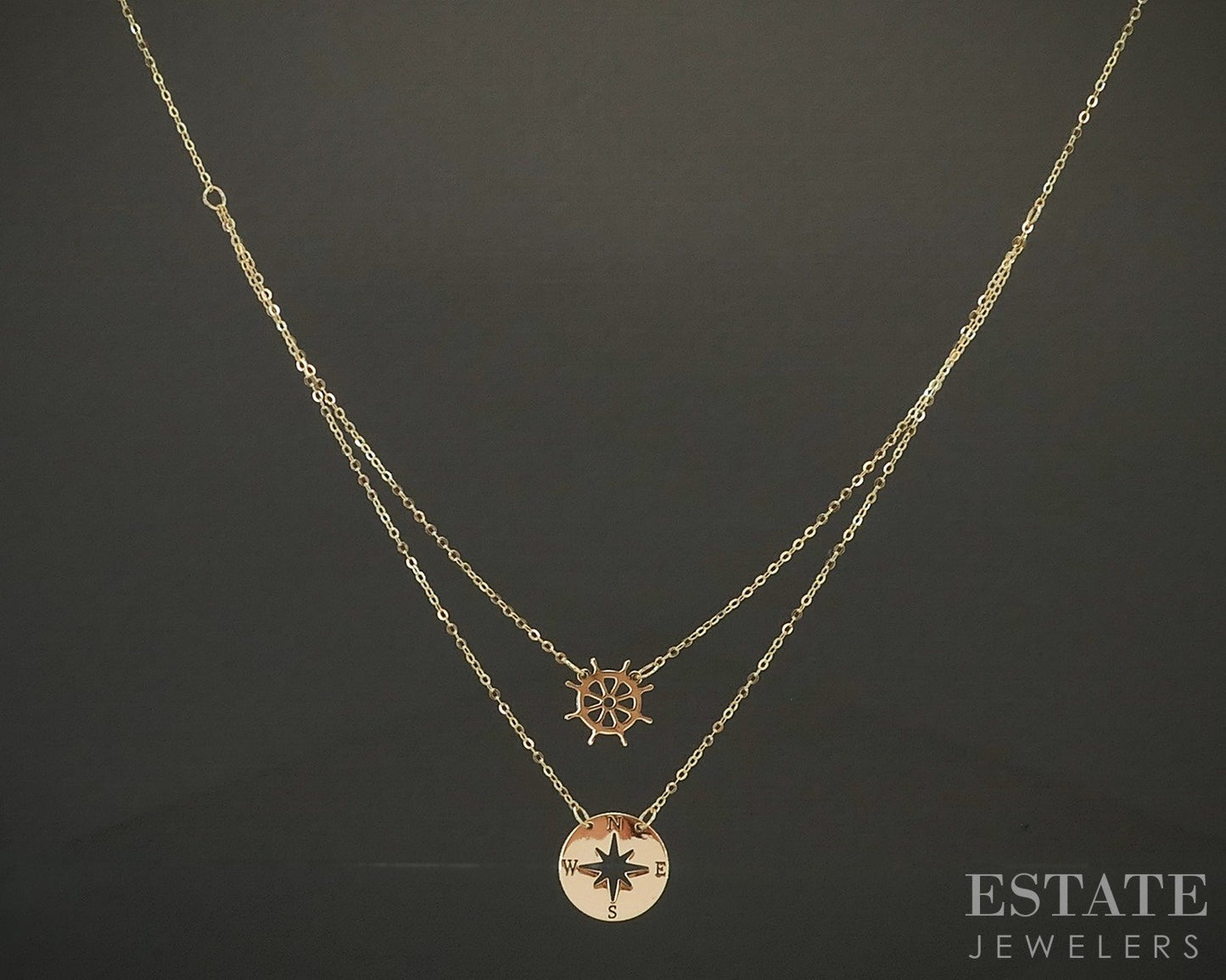10k Yellow Gold Compass Ships Wheel Layered Ladies Necklace 1.2g 20"L p23939b