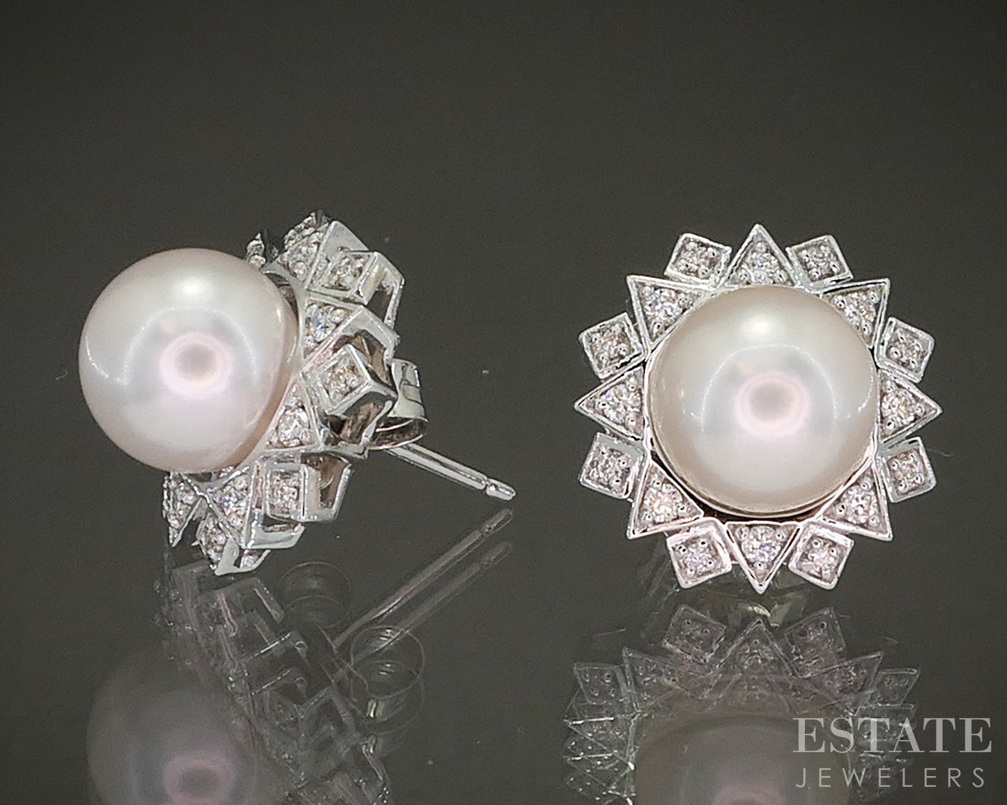 14k White Gold 8.5mm Akoya Pearl & .30ctw Diamond Stud Earrings 5.5g p24188b