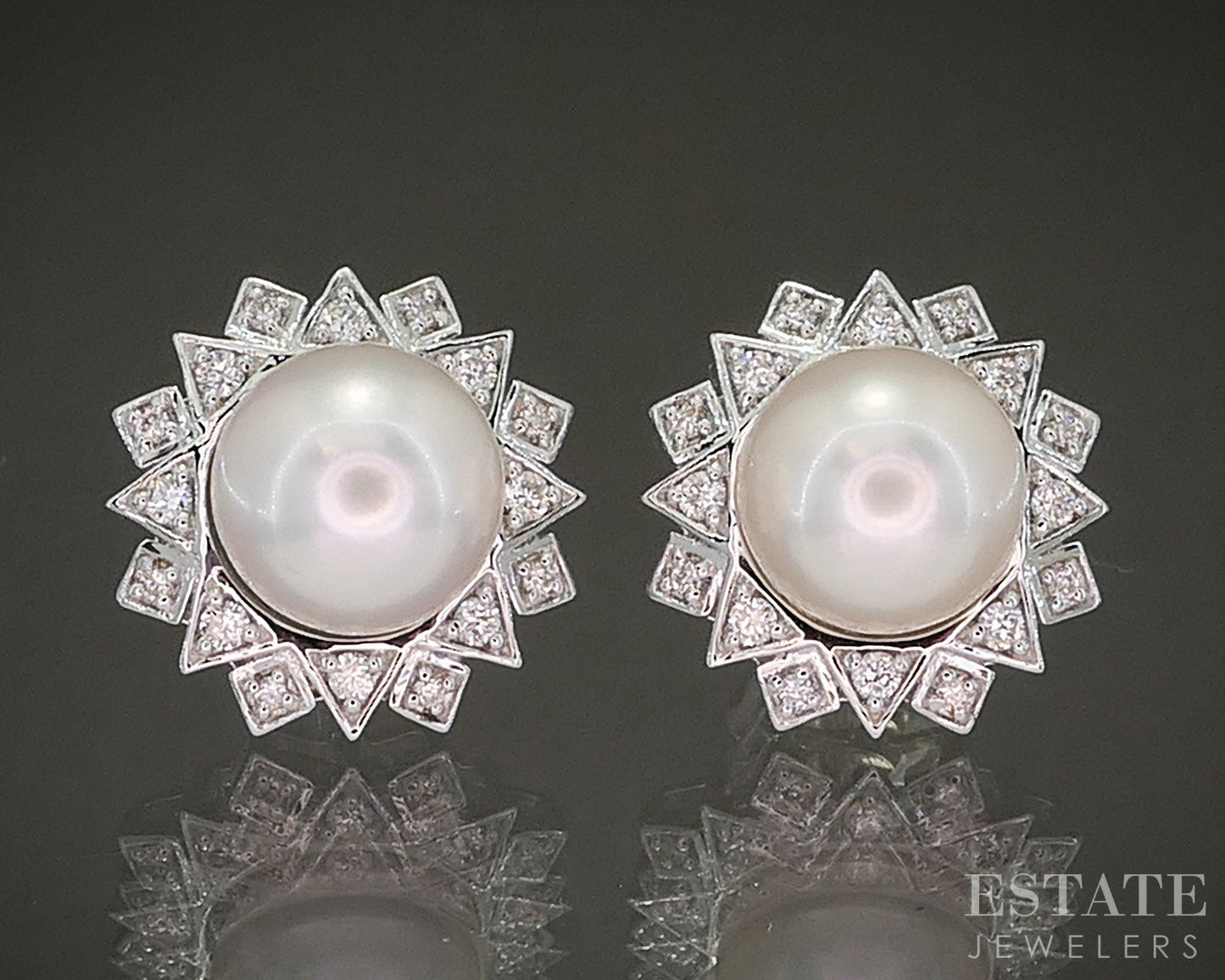 14k White Gold 8.5mm Akoya Pearl & .30ctw Diamond Stud Earrings 5.5g p24188b
