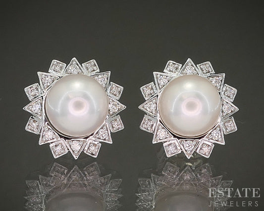 14k White Gold 8.5mm Akoya Pearl & .30ctw Diamond Stud Earrings 5.5g p24188b