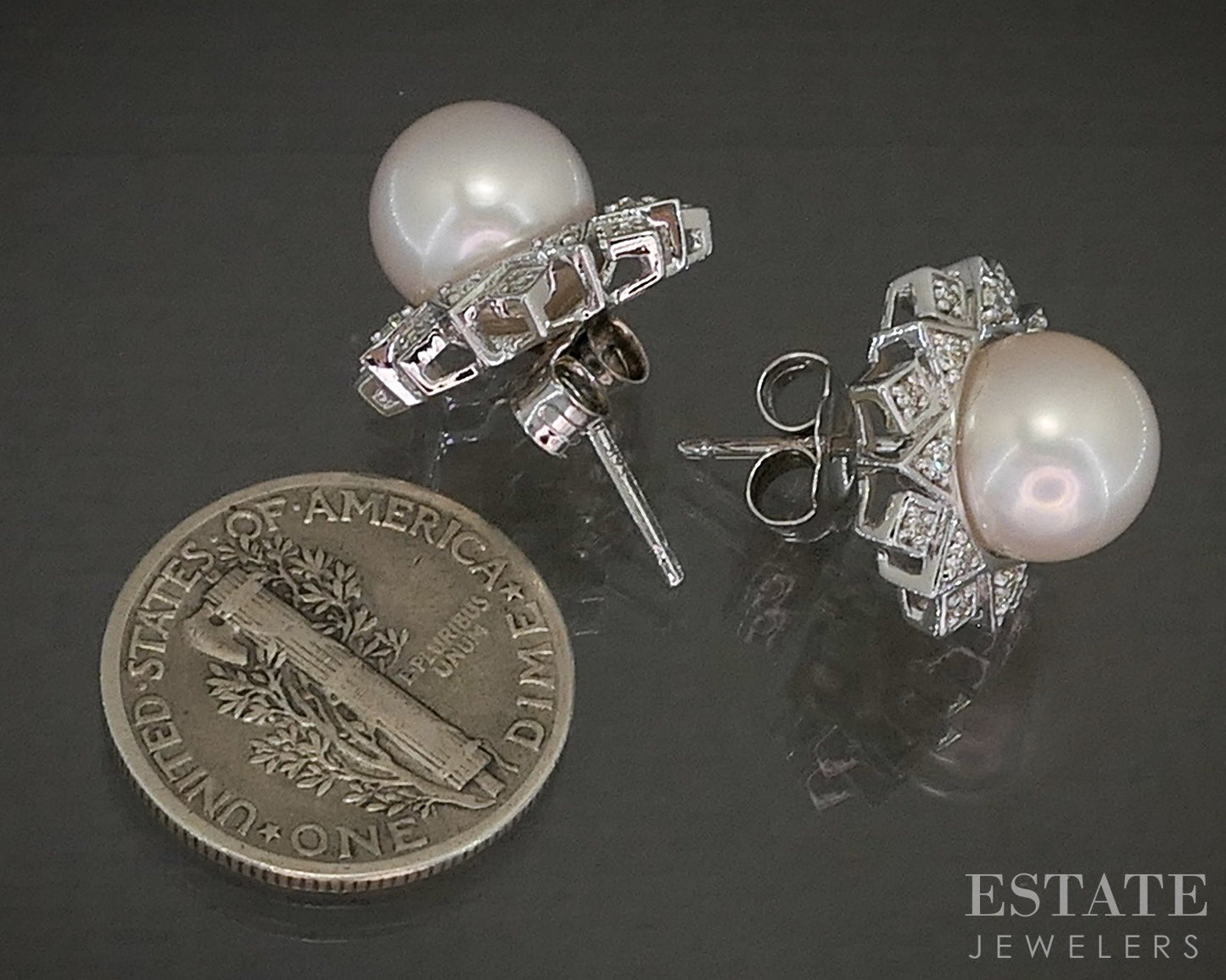 14k White Gold 8.5mm Akoya Pearl & .30ctw Diamond Stud Earrings 5.5g p24188b