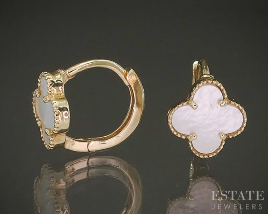 14k Yellow Gold Natural Mother of Pearl Clover Huggie Hoop Earrings 1.4g p24513b