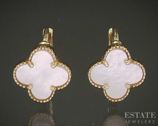 14k Yellow Gold Natural Mother of Pearl Clover Huggie Hoop Earrings 1.4g p24513b