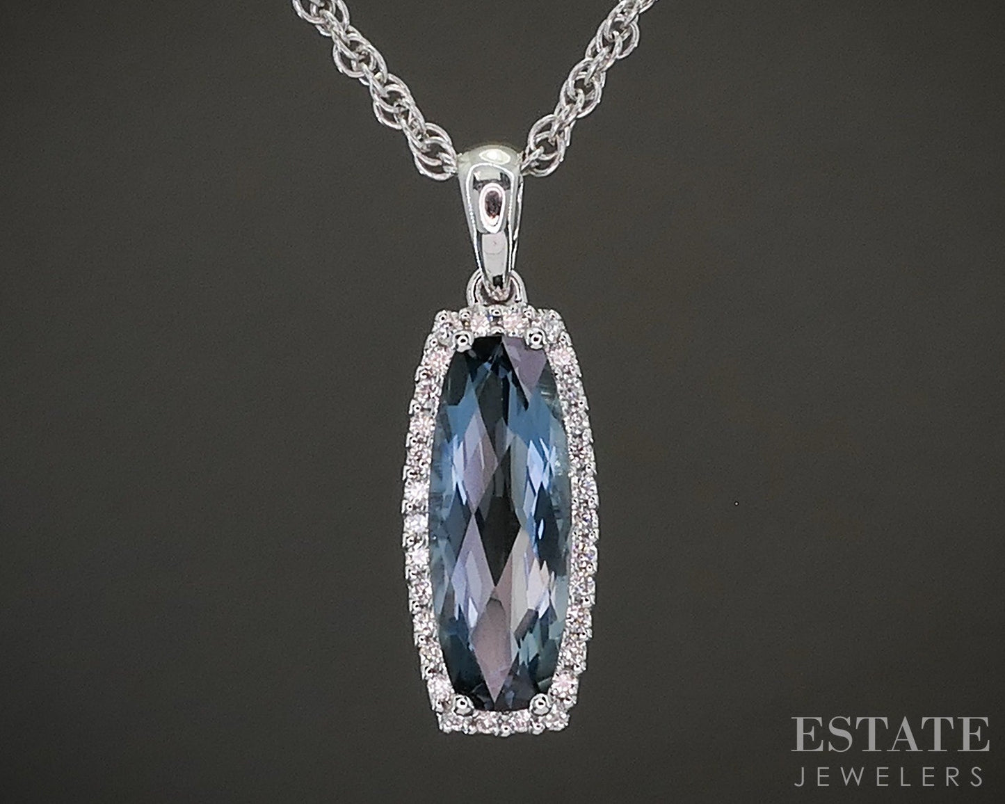 14k White Gold Cushion Natural Blue Topaz & Diamond Necklace 3.6g 18"L p23928b