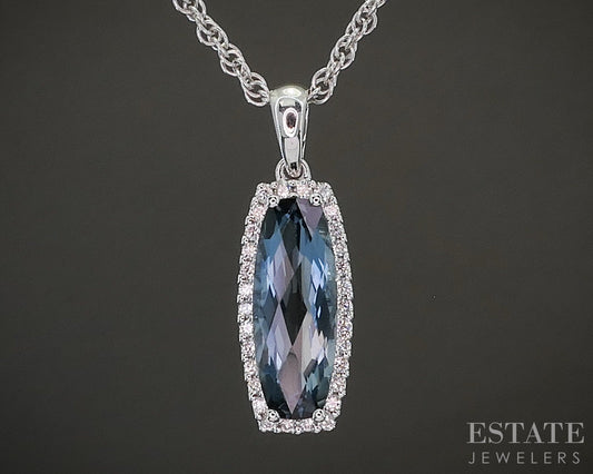 14k White Gold Cushion Natural Blue Topaz & Diamond Necklace 3.6g 18"L p23928b