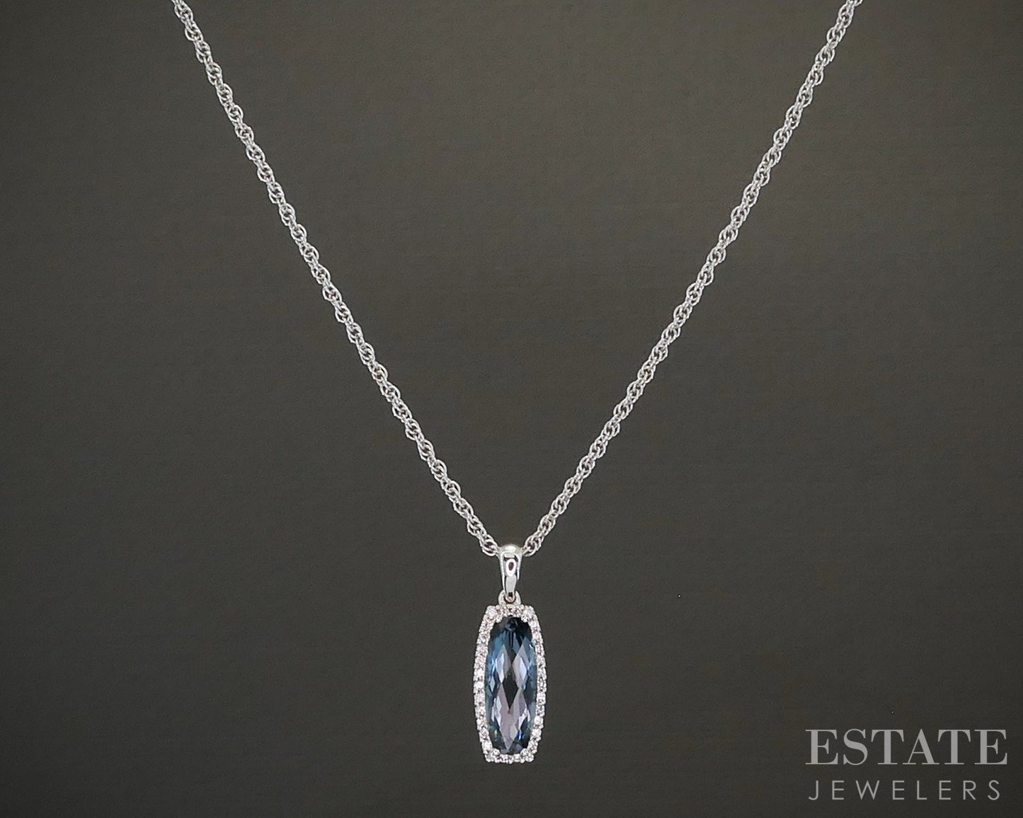 14k White Gold Cushion Natural Blue Topaz & Diamond Necklace 3.6g 18"L p23928b