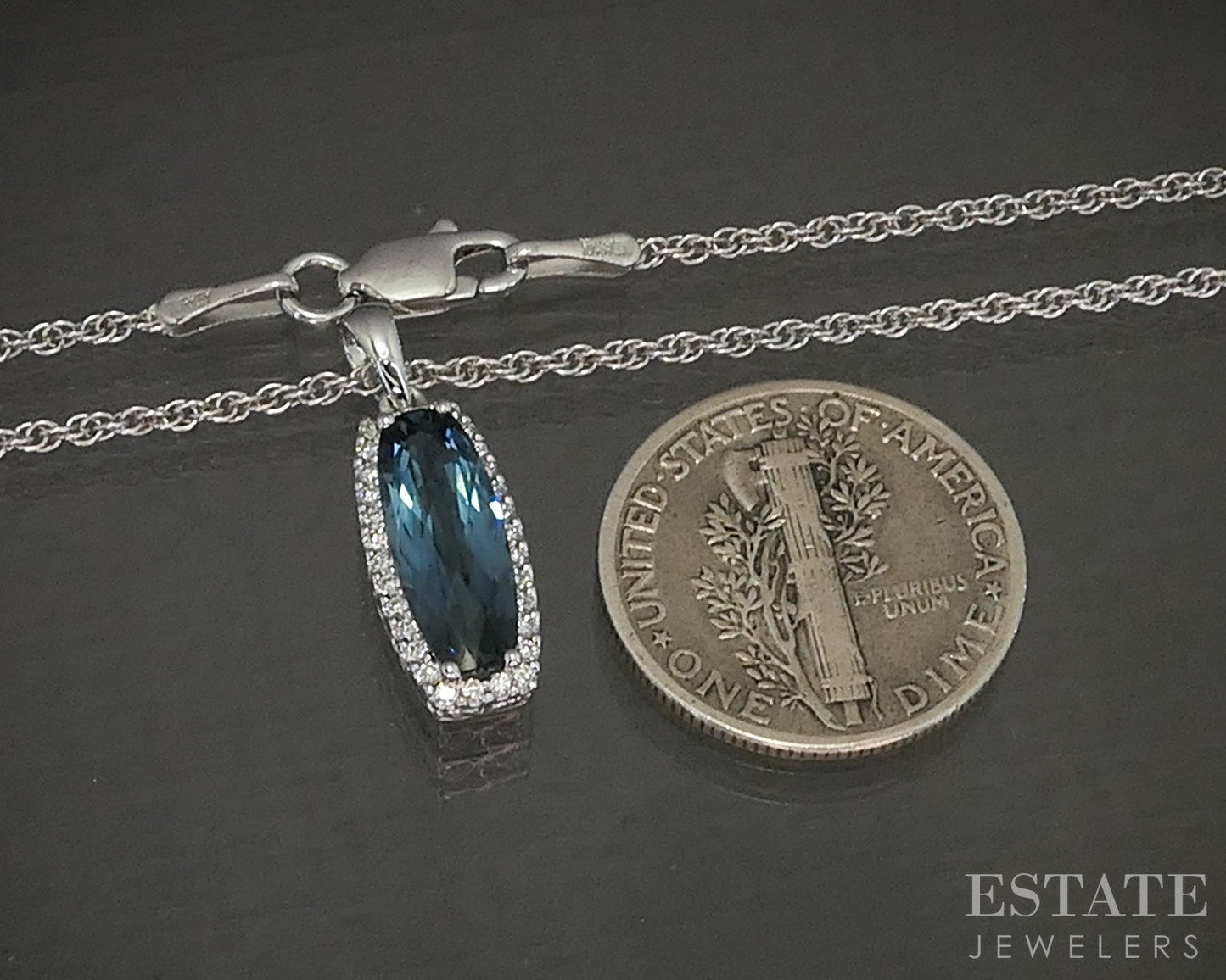 14k White Gold Cushion Natural Blue Topaz & Diamond Necklace 3.6g 18"L p23928b