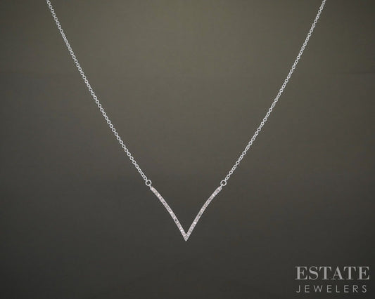 10k White Gold Natural .12ctw Diamond V Ladies Necklace 1.7g 17"L p24059b