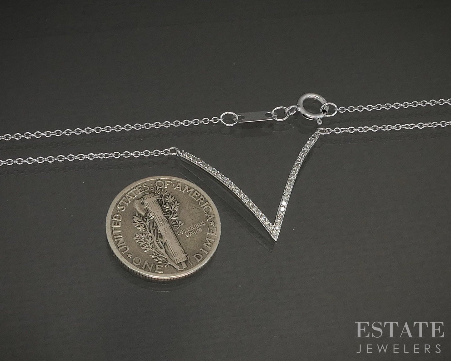 10k White Gold Natural .12ctw Diamond V Ladies Necklace 1.7g 17"L p24059b