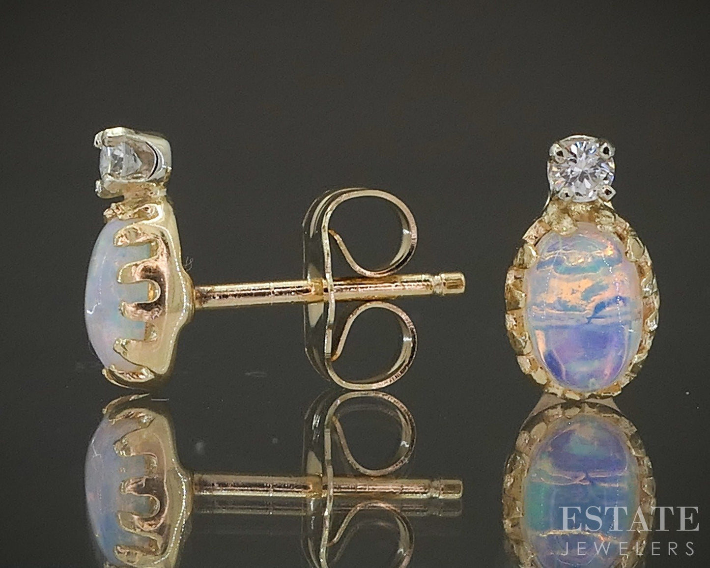 14k Yellow Gold Natural Opal & Diamond Ladies Stud Earrings 0.7g p24069b