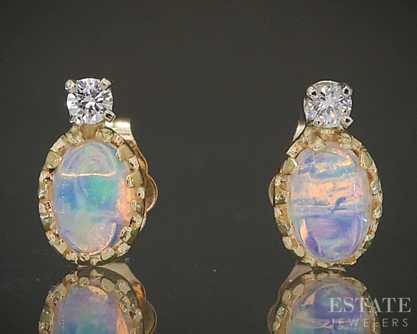 14k Yellow Gold Natural Opal & Diamond Ladies Stud Earrings 0.7g p24069b