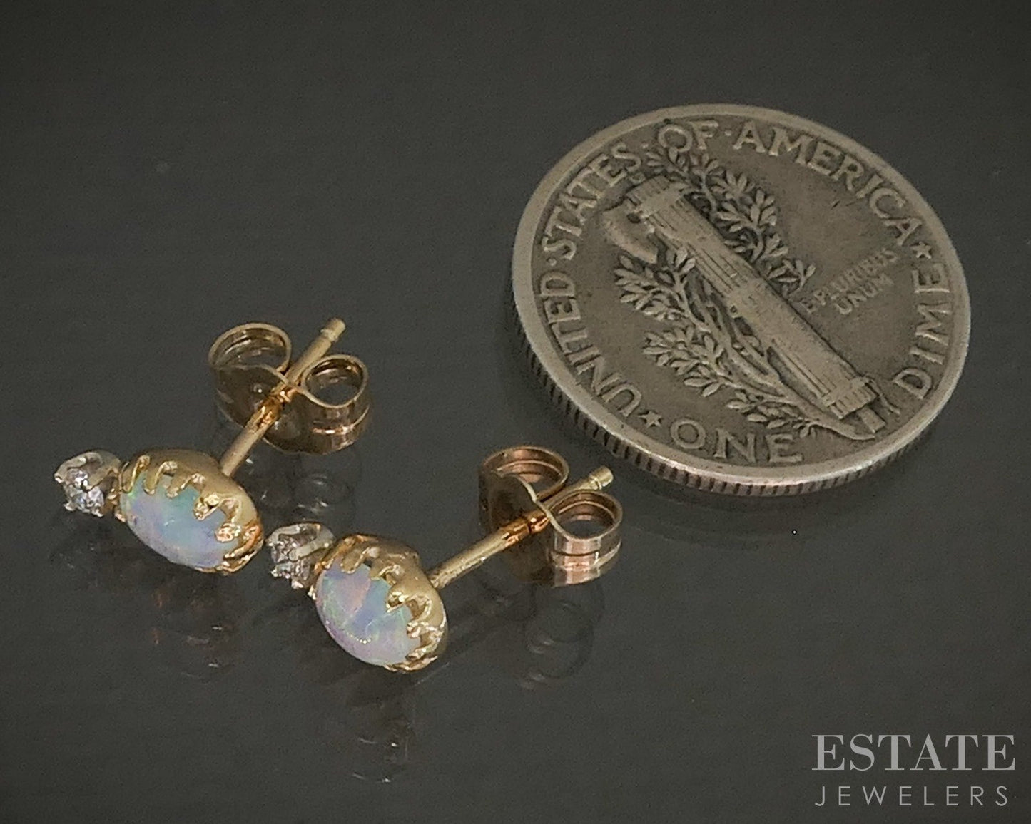14k Yellow Gold Natural Opal & Diamond Ladies Stud Earrings 0.7g p24069b