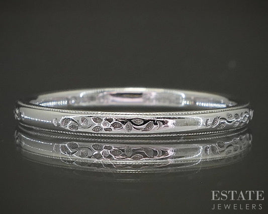 Vintage 14k White Gold 2mm Engraved Floral Ladies Wedding Band 1.9g p23638b